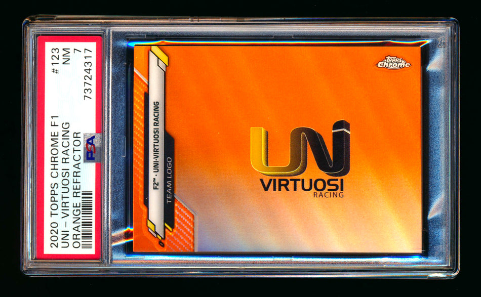 2020 Topps Chrome F1 #123 UNI-Virtuosi Racing Team Logo RC Orange Refractor #22/25 PSA 7