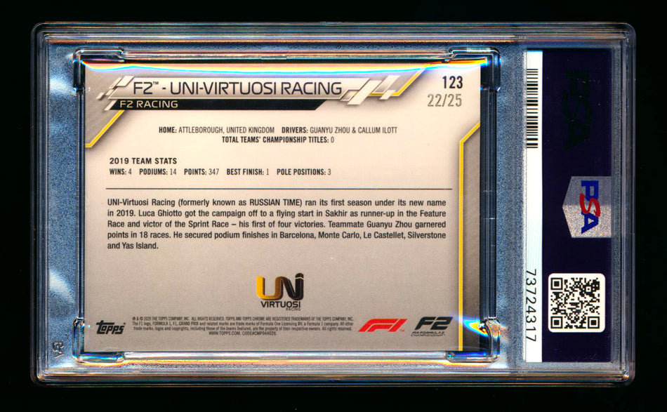 2020 Topps Chrome F1 #123 UNI-Virtuosi Racing Team Logo RC Orange Refractor #22/25 PSA 7