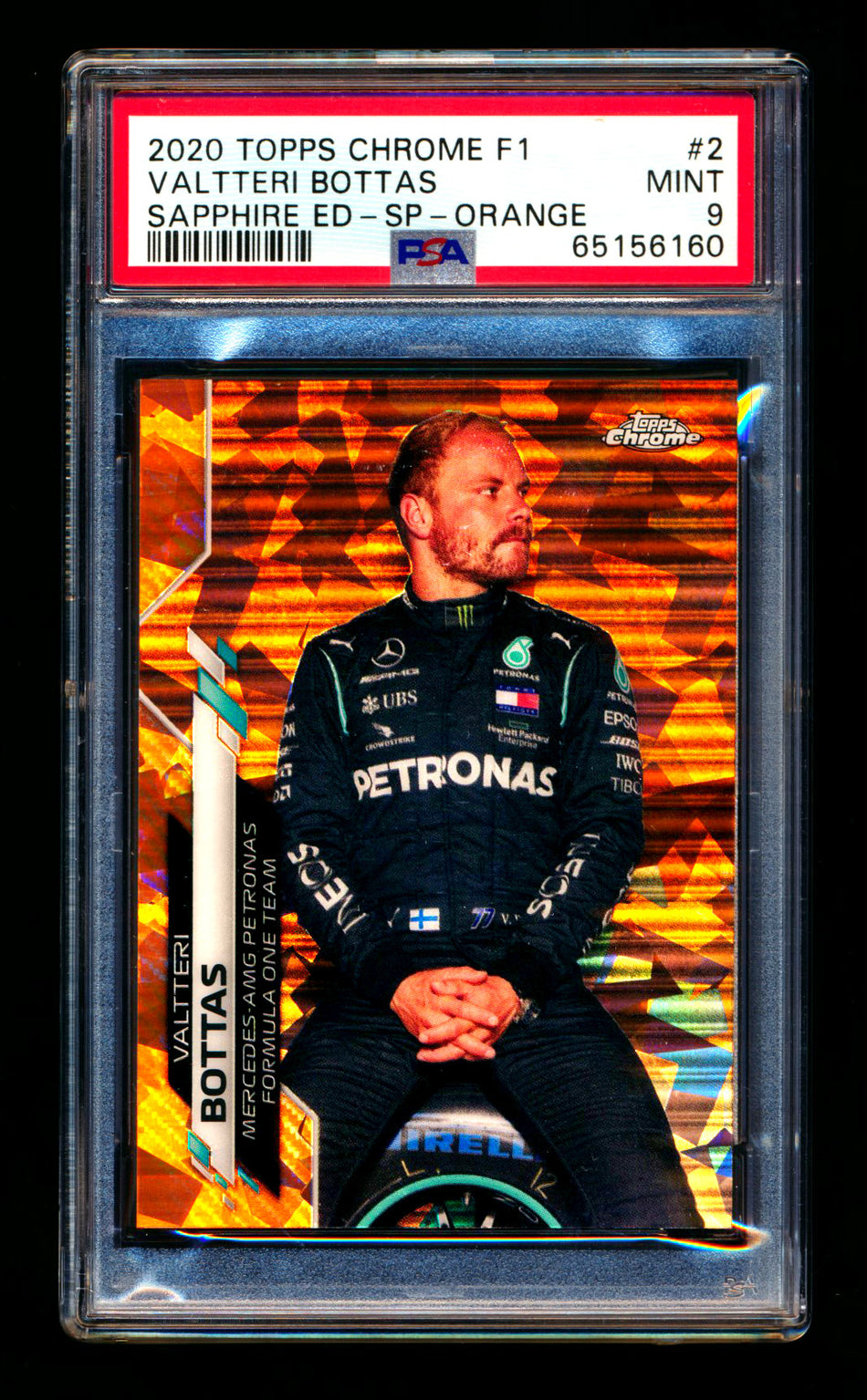 2020 Topps Chrome Sapphire F1 #2 Valtteri Bottas RC Orange Refractor Image Variation SP #17/25 PSA 9