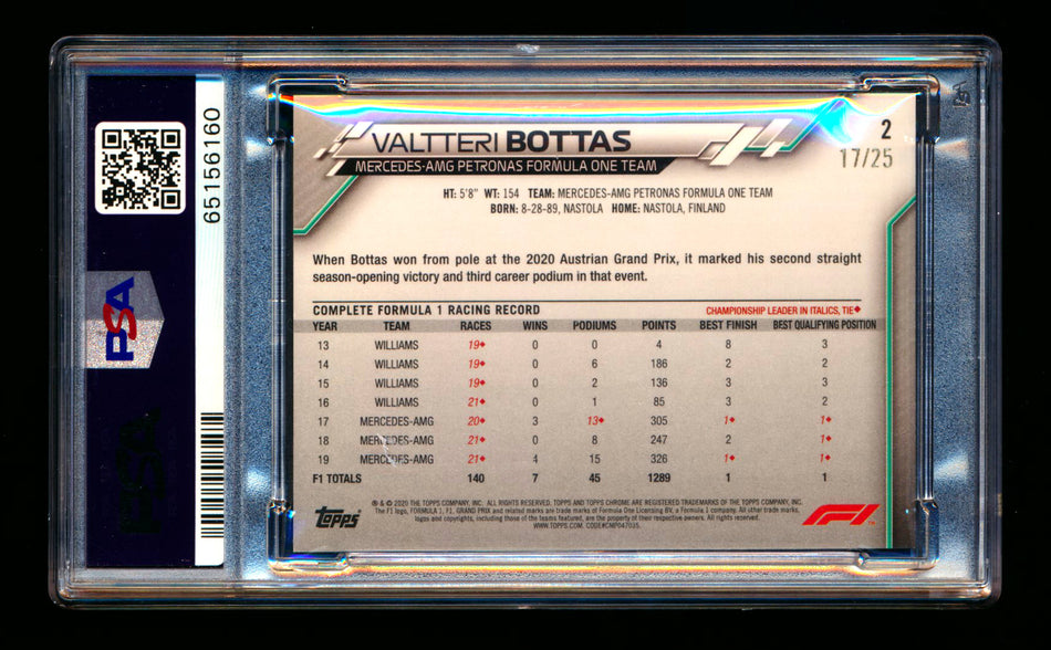 2020 Topps Chrome Sapphire F1 #2 Valtteri Bottas RC Orange Refractor Image Variation SP #17/25 PSA 9