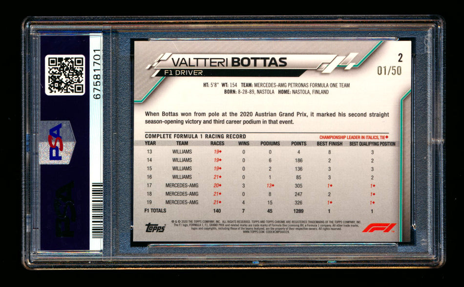 2020 Topps Chrome F1 #2 Valtteri Bottas RC Gold Refractor Portrait #01/50 PSA 7 (First #!)