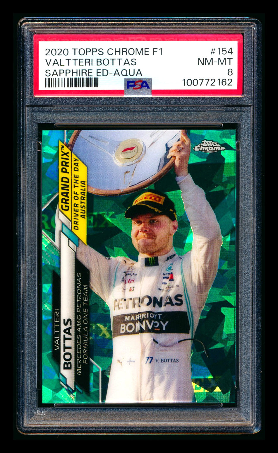 2020 Topps Chrome Sapphire F1 #154 Valtteri Bottas RC Aqua Refractor #17/99 PSA 8