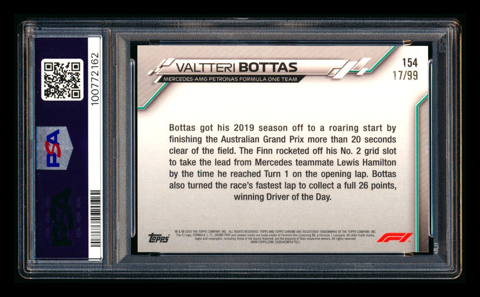 2020 Topps Chrome Sapphire F1 #154 Valtteri Bottas RC Aqua Refractor #17/99 PSA 8
