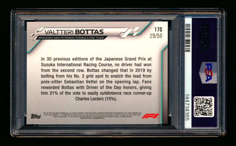 2020 Topps Chrome Sapphire F1 #170 Valtteri Bottas RC Gold Refractor #29/50 PSA 10