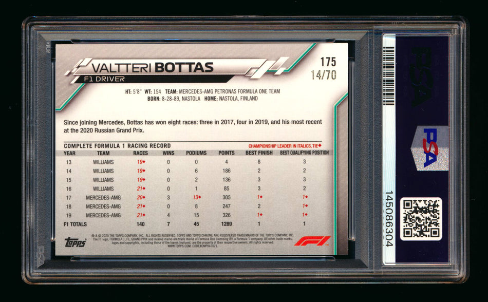 2020 Topps Chrome Sapphire F1 #175 Valtteri Bottas RC 70th Silver Refractor #14/70 PSA 9 ** (SOLD - $59.00 - 4/24/2026) **