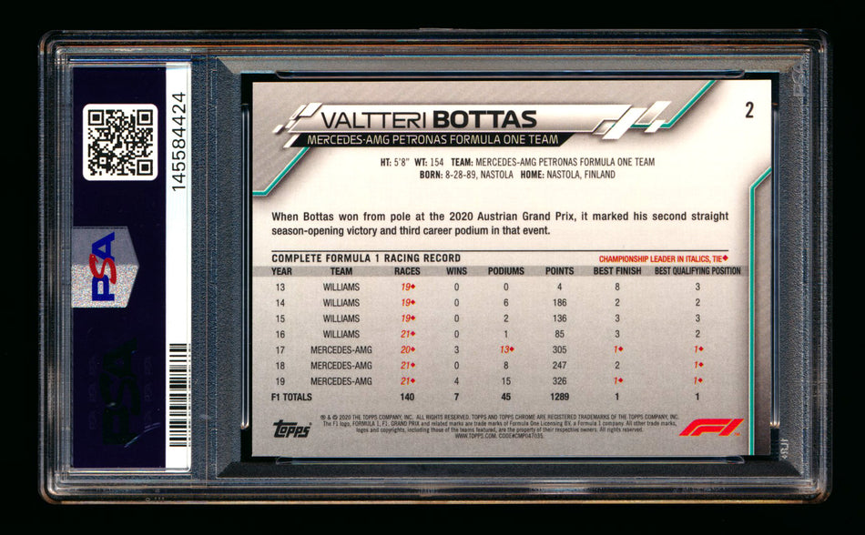 2020 Topps Chrome Sapphire F1 #2 Valtteri Bottas RC Refractor Image Variation SP PSA 8 ** (SOLD - $59.00 - 4/21/2026) **