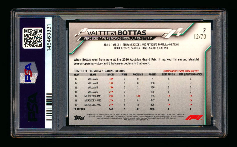 2020 Topps Chrome Sapphire F1 #2 Valtteri Bottas RC 70th Silver Refractor Image Variation SP #12/70 PSA 8 ** (SOLD eBay - $349.00 - 5/13/2026) **
