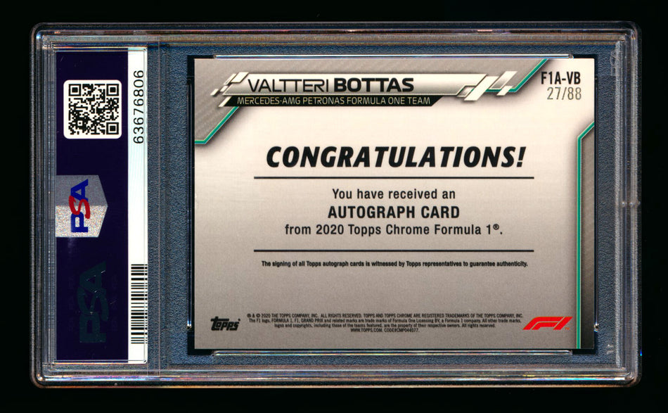 2020 Topps Chrome F1 #F1A-VB Valtteri Bottas RC Refractor Autograph #27/88 PSA 9 ** (SOLD - $449.00 - 10/23/2024) **