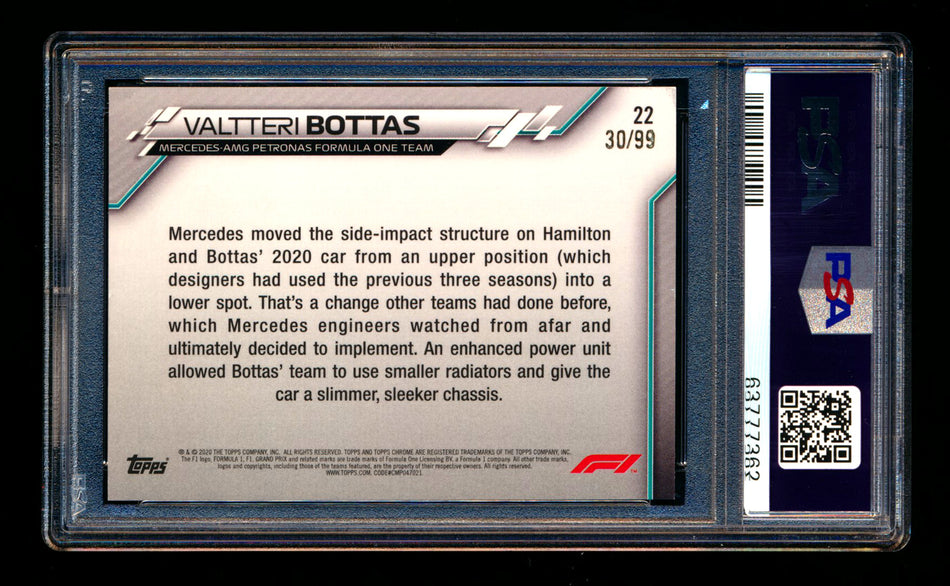 2020 Topps Chrome Sapphire F1 #22 Valtteri Bottas RC Aqua Refractor #30/99 PSA 8