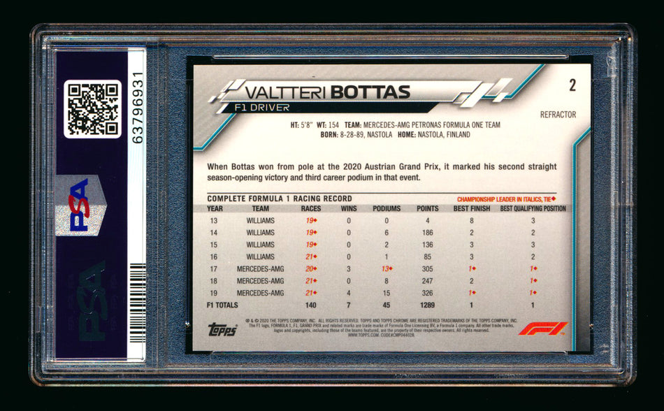 2020 Topps Chrome F1 #2 Valtteri Bottas RC Refractor Portrait PSA 10