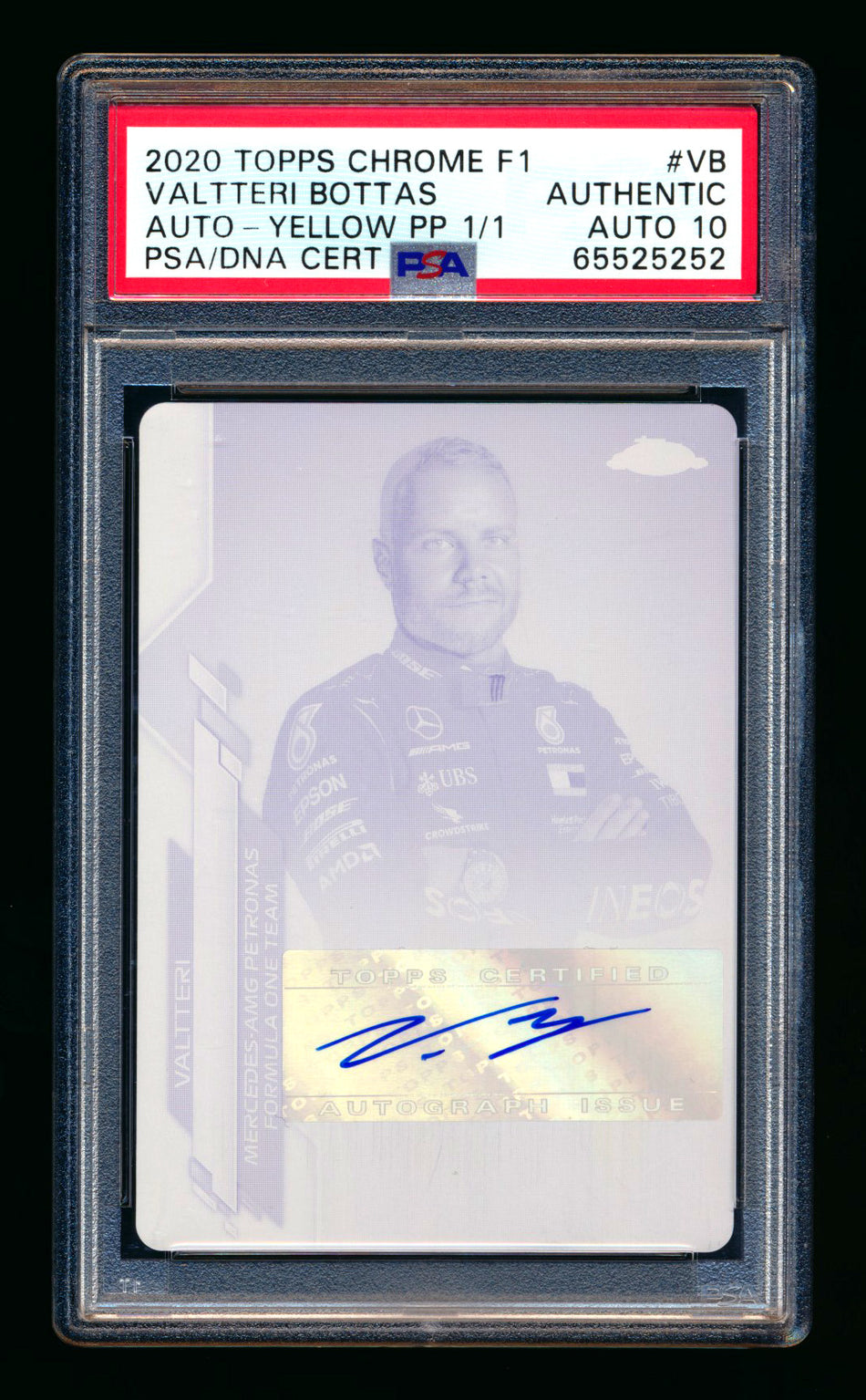 2020 Topps Chrome F1 #F1A-VB Valtteri Bottas RC Yellow Printing Plate Autograph #1/1 PSA Authentic DNA 10