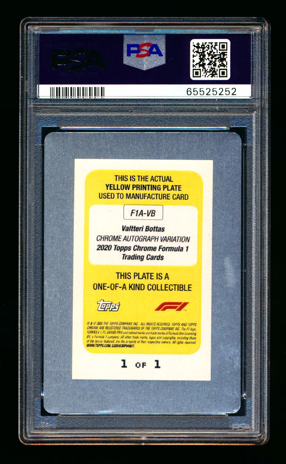 2020 Topps Chrome F1 #F1A-VB Valtteri Bottas RC Yellow Printing Plate Autograph #1/1 PSA Authentic DNA 10