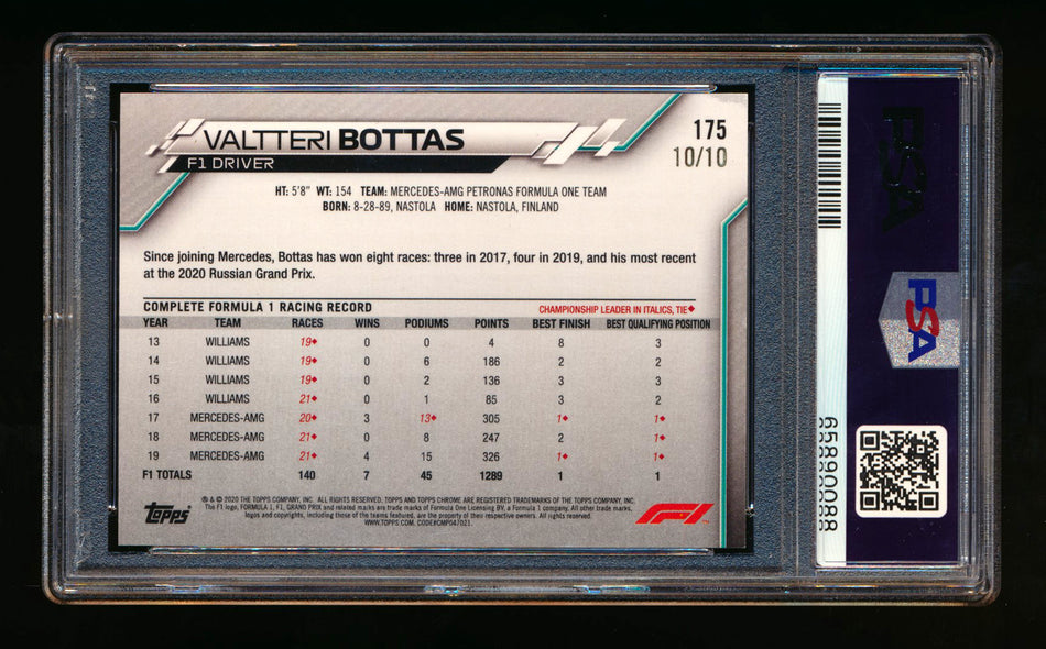 2020 Topps Chrome Sapphire F1 #175 Valtteri Bottas RC Purple Refractor #10/10 PSA 9