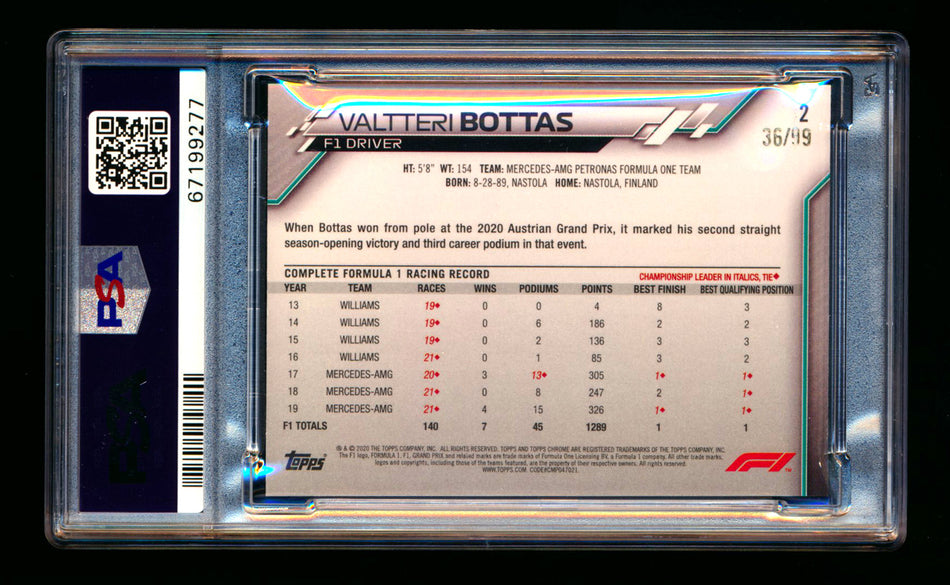 2020 Topps Chrome Sapphire F1 #2 Valtteri Bottas RC Aqua Refractor Portrait #36/99 PSA 9 ** (SOLD WCCS - $140.00 - 8/23/2025) **