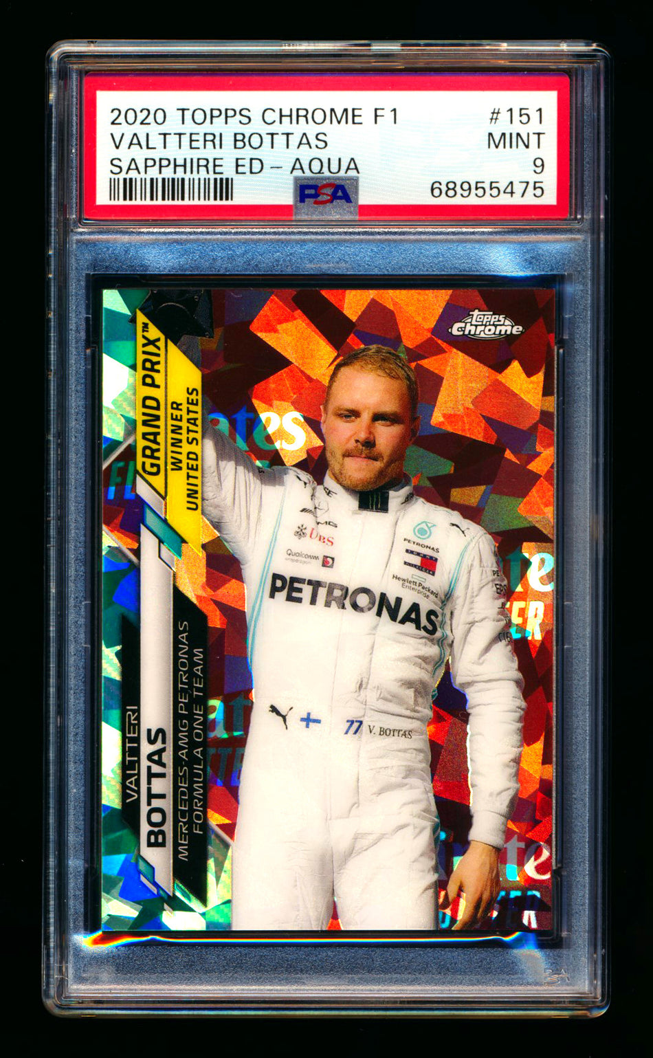 2020 Topps Chrome Sapphire F1 #151 Valtteri Bottas RC 70th Aqua Refractor #21/99 PSA 9