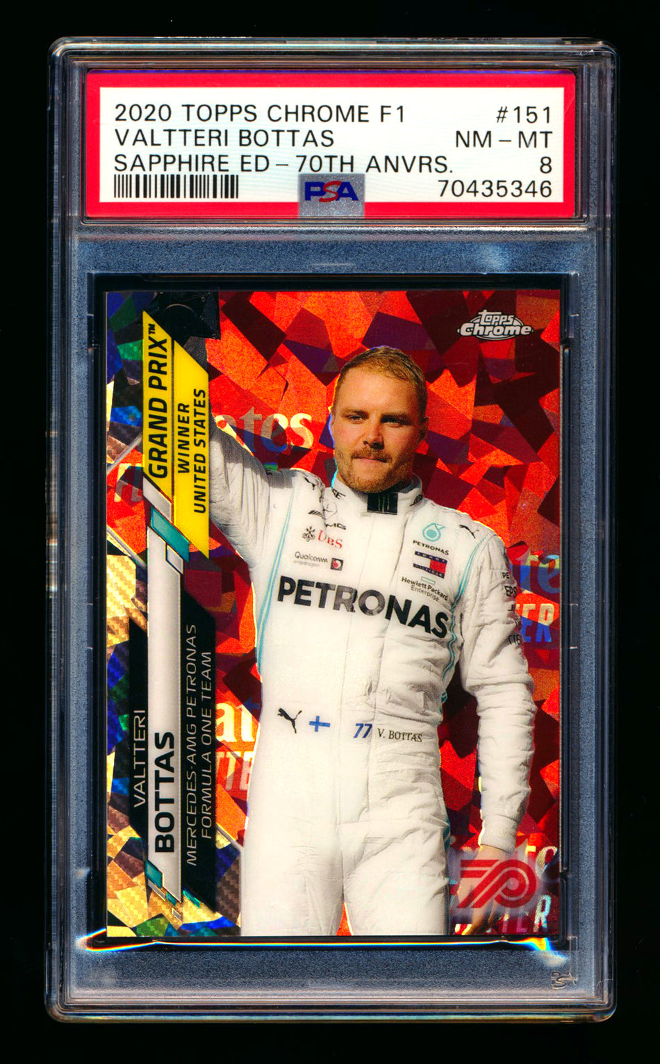 2020 Topps Chrome Sapphire F1 #151 Valtteri Bottas RC 70th Silver Refractor #22/70 PSA 8