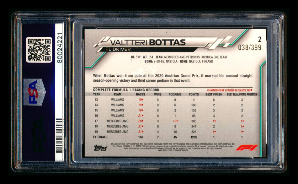 2020 Topps Chrome F1 #2 Valtteri Bottas RC Purple Refractor Portrait #038/399 PSA 8