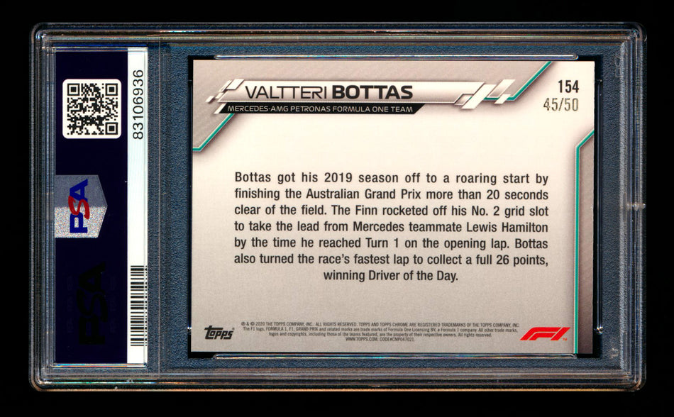 2020 Topps Chrome Sapphire F1 #154 Valtteri Bottas RC Gold Refractor #45/50 PSA 8 ** (SOLD eBay - $39.00 - 1/6/2025) **