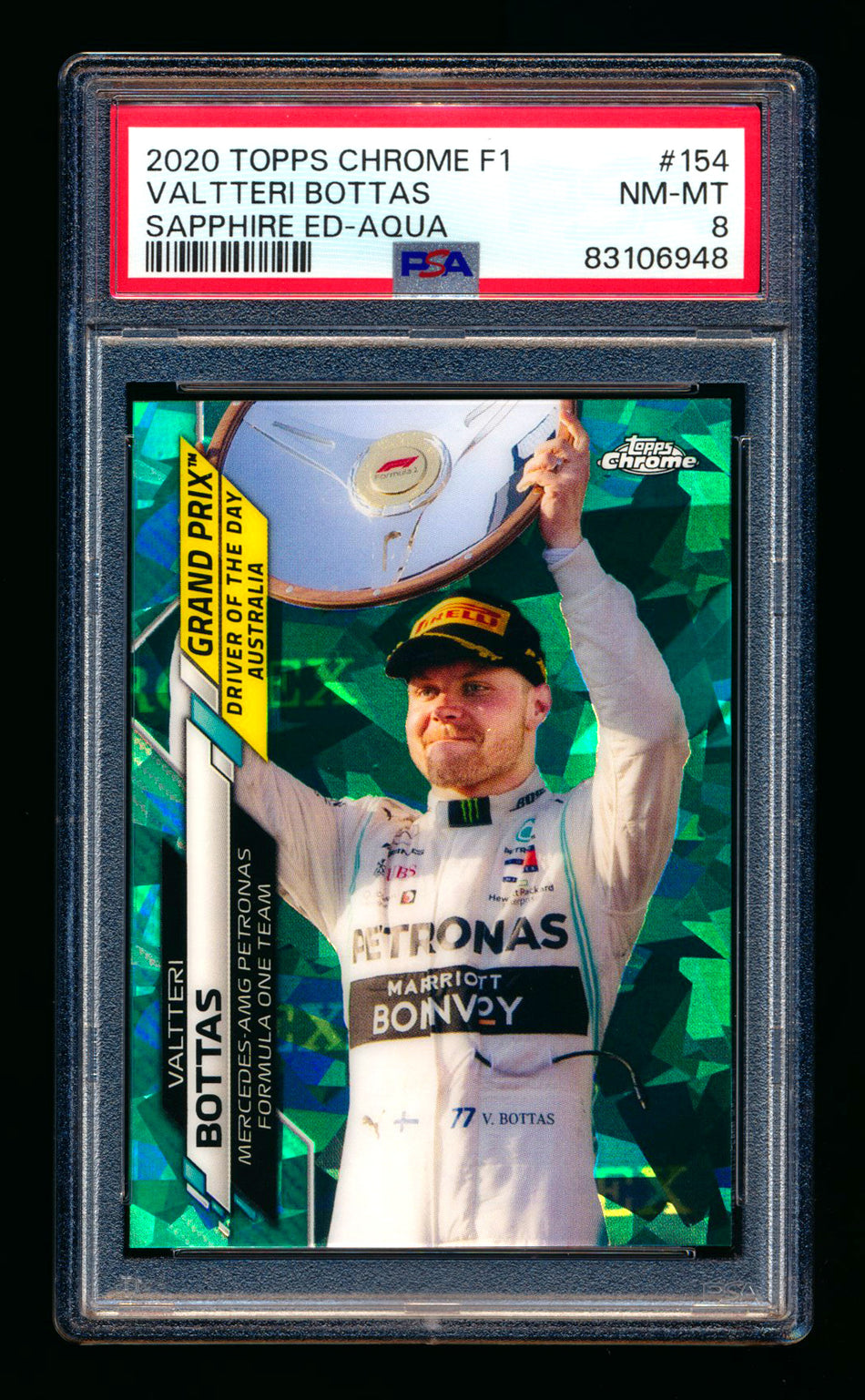 2020 Topps Chrome Sapphire F1 #154 Valtteri Bottas RC Aqua Refractor #21/99 PSA 8