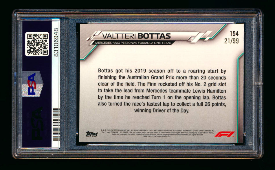 2020 Topps Chrome Sapphire F1 #154 Valtteri Bottas RC Aqua Refractor #21/99 PSA 8