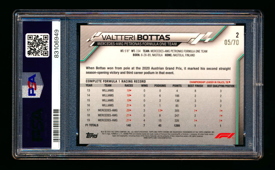 2020 Topps Chrome Sapphire F1 #2 Valtteri Bottas RC 70th Silver Refractor Image Variation SP #05/70 PSA 9 ** (SOLD - $195.00 - 8/8/2025) **