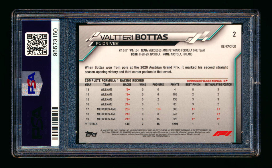 2020 Topps Chrome F1 #2 Valtteri Bottas RC Refractor Portrait PSA 9 ** (SOLD eBay - $29.00 - 1/14/2025) **