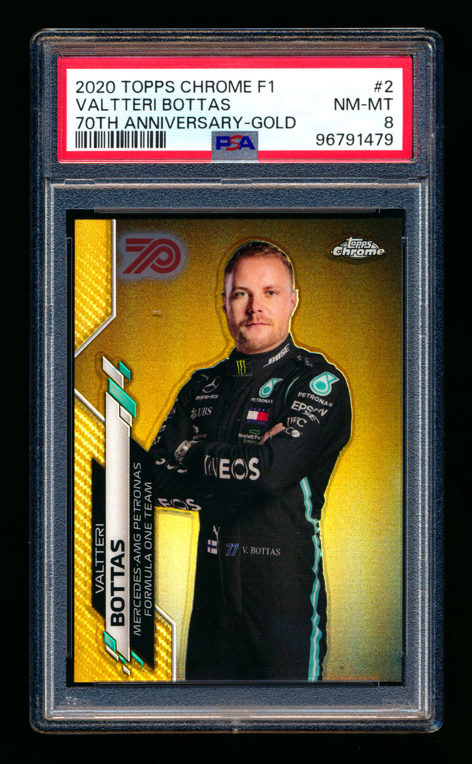 2020 Topps Chrome F1 #2 Valtteri Bottas RC 70th Anniversary Gold Refractor Portrait PSA 8