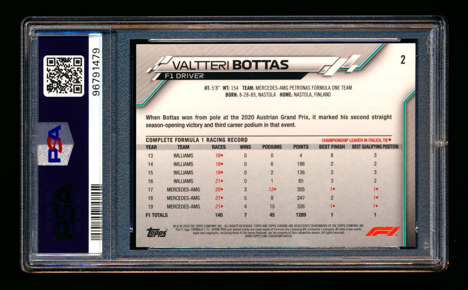 2020 Topps Chrome F1 #2 Valtteri Bottas RC 70th Anniversary Gold Refractor Portrait PSA 8