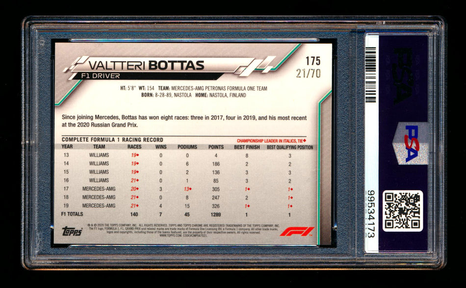 2020 Topps Chrome Sapphire F1 #175 Valtteri Bottas RC 70th Silver Refractor #21/70 PSA 10