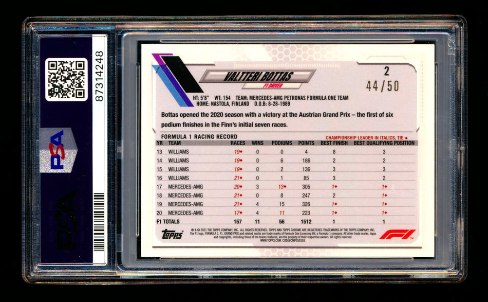 2021 Topps Chrome Sapphire F1 #2 Valtteri Bottas Gold Refractor Image Variation SP #44/50 PSA 10 ** (SOLD eBay - $55.00 - 2/6/2025) **