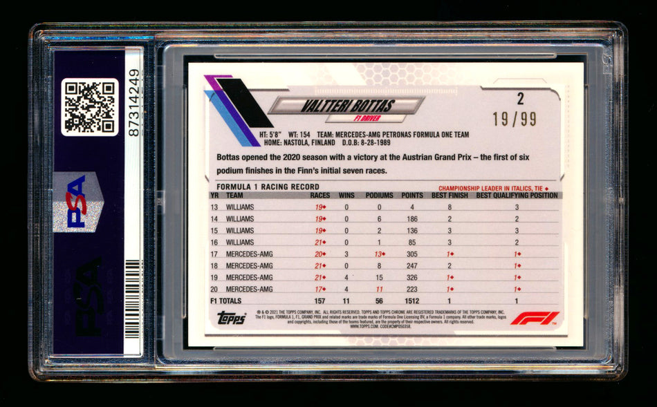 2021 Topps Chrome Sapphire F1 #2 Valtteri Bottas Aqua Refractor Image Variation SP #19/99 PSA 10 ** (SOLD eBay - $40.00 - 2/6/2025) **