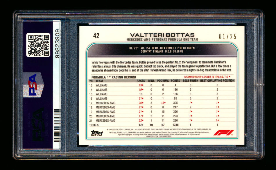 2022 Topps Chrome Sapphire F1 #42 Valtteri Bottas Orange Refractor Image Variation SSP #01/25 PSA 10 (First #!) - POP 1!