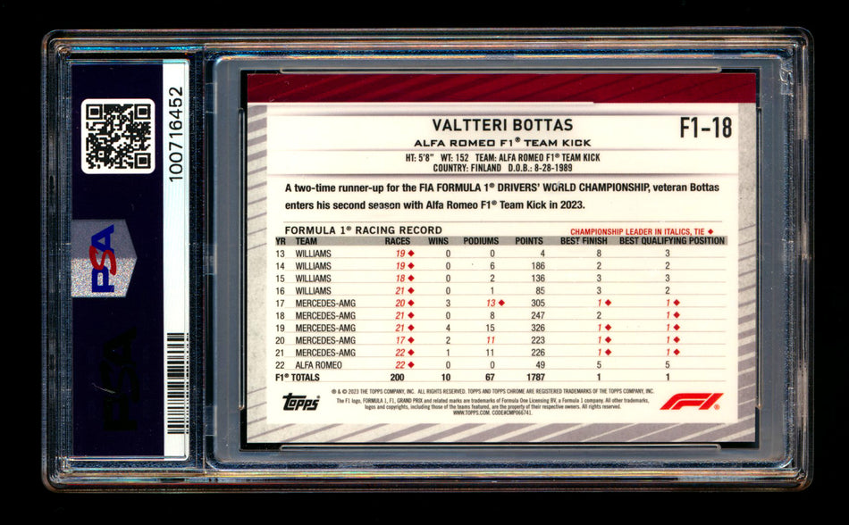 2023 Topps Chrome NSCC F1 #F1-18 Valtteri Bottas Red Refractor #5/5 PSA 8 (Last #!) ** (SOLD - $139.00 - 5/23/2025) **