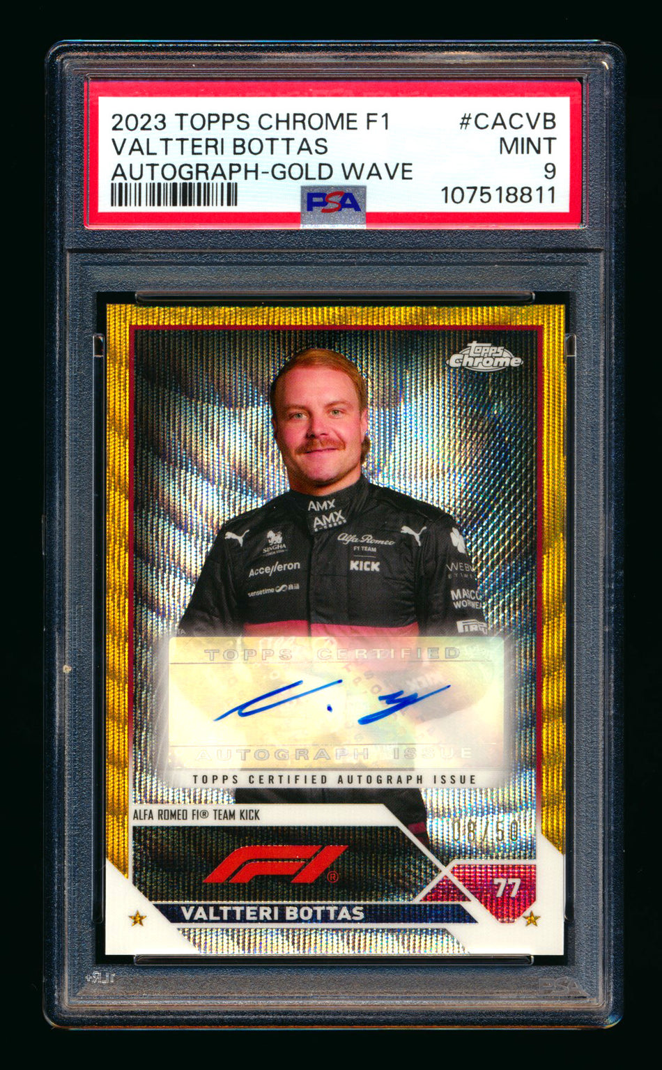 2023 Topps Chrome F1 #CAC-VB Valtteri Bottas Gold Wave Refractor Autograph #08/50 PSA 9