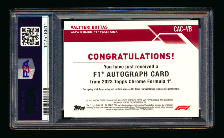 2023 Topps Chrome F1 #CAC-VB Valtteri Bottas Gold Wave Refractor Autograph #08/50 PSA 9