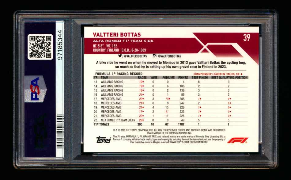 2023 Topps Chrome Sapphire F1 #39 Valtteri Bottas Red Refractor #2/5 PSA 9 ** (SOLD eBay - $75.00 - 2/4/2025) **
