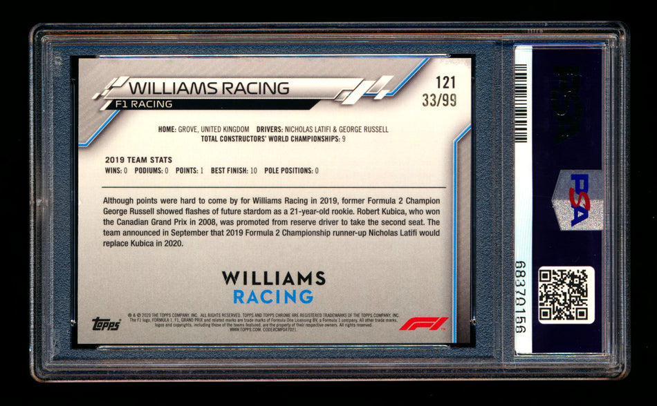 2020 Topps Chrome Sapphire F1 #121 Williams Racing Team Logo RC Aqua Refractor #33/99 PSA 9 ** (SOLD eBay - $90.00 - 4/24/2025) **