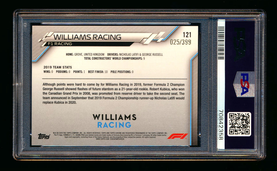 2020 Topps Chrome F1 #121 Williams Racing Team Logo RC Purple Refractor #025/399 PSA 10 ** (SOLD eBay - $349.00 - 3/19/2025) **