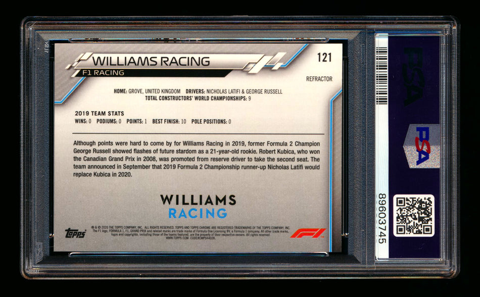 2020 Topps Chrome F1 #121 Williams Racing Team Logo RC Refractor PSA 10 ** (SOLD eBay - $99.00 - 12/26/2024) **