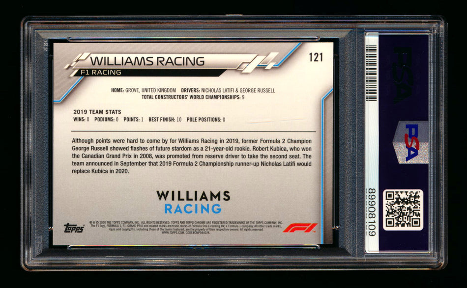 2020 Topps Chrome F1 #121 Williams Racing Team Logo RC 70th Anniversary Gold Refractor PSA 9