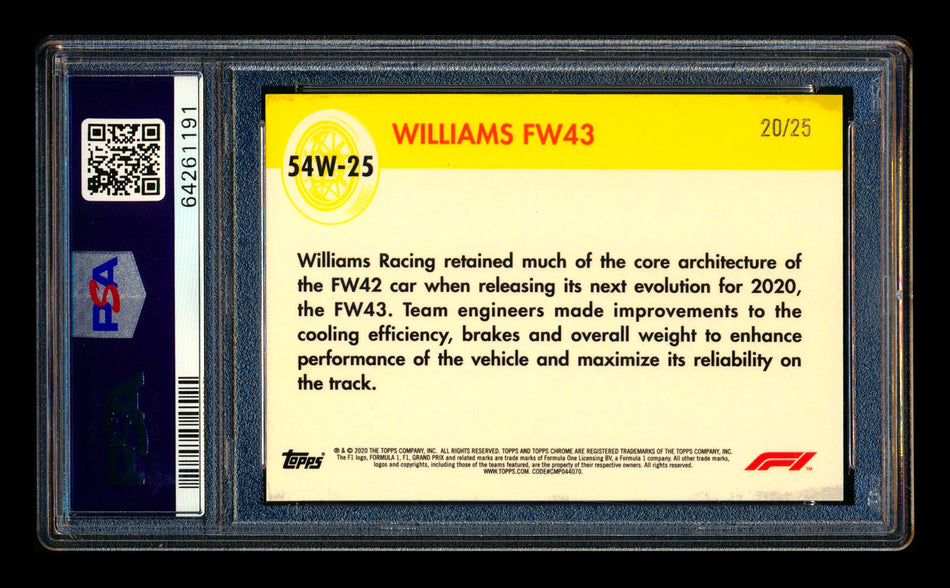 2020 Topps Chrome F1 1954 World on Wheels #54W-25 Williams FW43 RC Orange Refractor #20/25 PSA 10