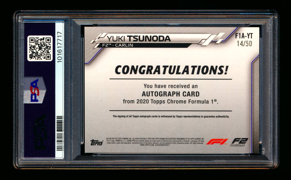 2020 Topps Chrome F1 #F1A-YT Yuki Tsunoda RC Gold Wave Refractor Autograph #14/50 PSA 6