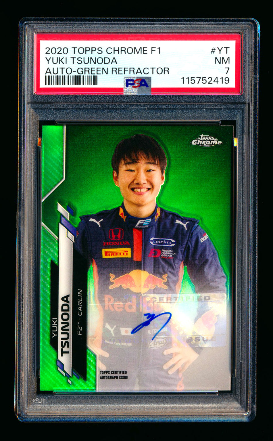 2020 Topps Chrome F1 #F1A-YT Yuki Tsunoda RC Green Refractor Autograph #21/99 PSA 7