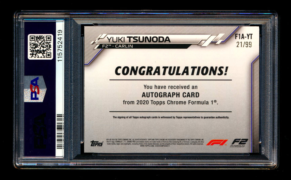 2020 Topps Chrome F1 #F1A-YT Yuki Tsunoda RC Green Refractor Autograph #21/99 PSA 7
