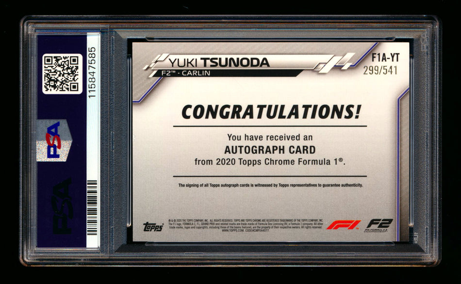 2020 Topps Chrome F1 #F1A-YT Yuki Tsunoda RC Refractor Autograph #299/541 PSA 8 DNA 10 ** (SOLD eBay - $199.00 - 12/19/2025) **