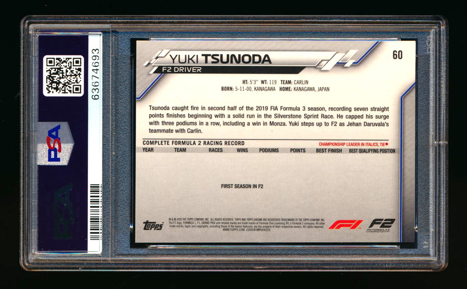 2020 Topps Chrome F1 #60 Yuki Tsunoda RC 70th Anniversary Red Refractor PSA 10 ** (SOLD - $950.00 - 10/23/2024) **