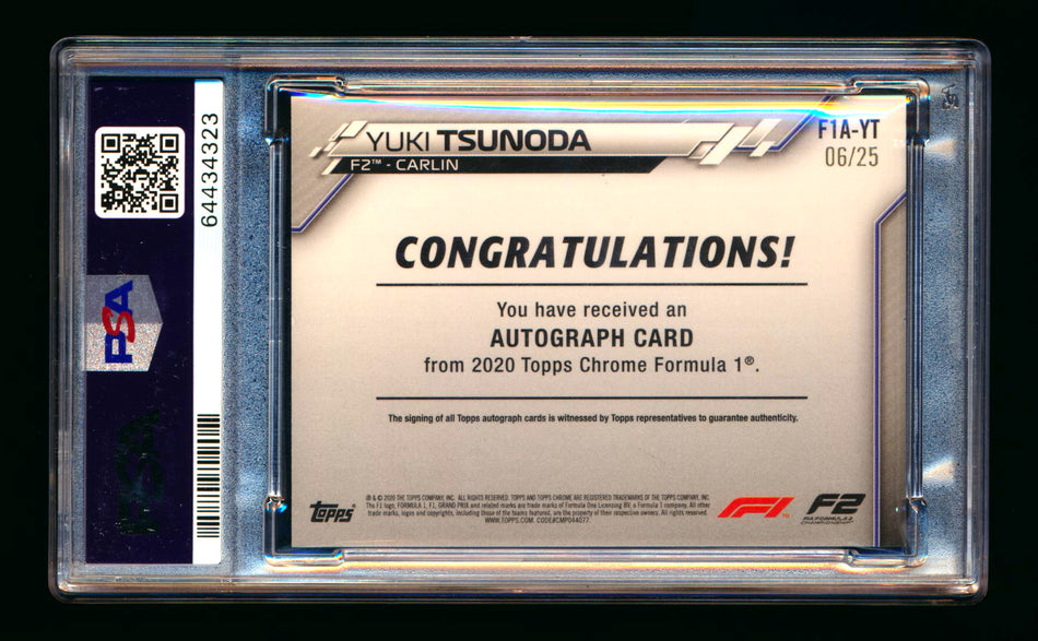 2020 Topps Chrome F1 #F1A-YT Yuki Tsunoda RC Orange Refractor Autograph #06/25 PSA 9 DNA 10