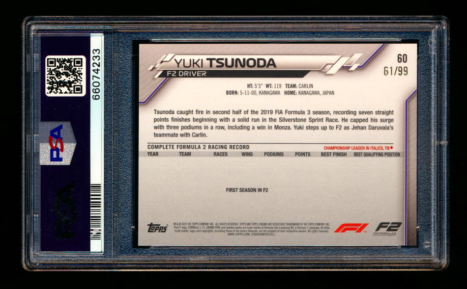 2020 Topps Chrome Sapphire F1 #60 Yuki Tsunoda RC Aqua Refractor #61/99 PSA 9 ** (SOLD - $49.00 - 11/29/2024) **