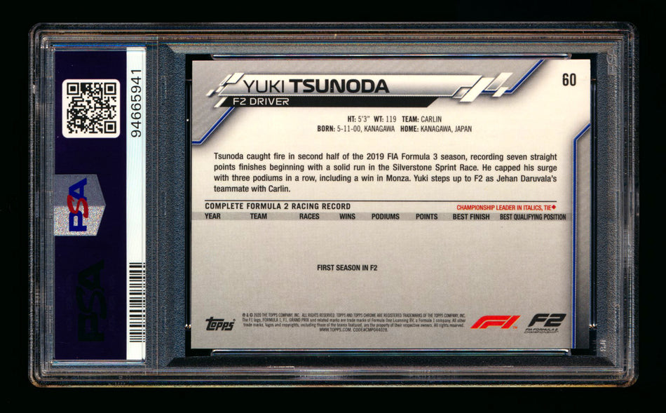 2020 Topps Chrome F1 #60 Yuki Tsunoda RC 70th Anniversary Gold Refractor PSA 10