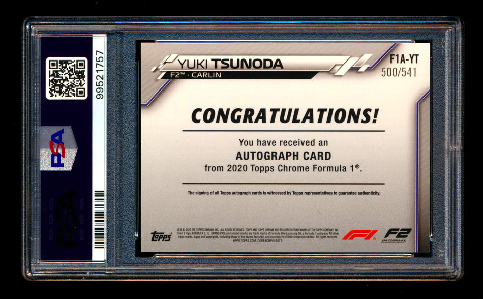 2020 Topps Chrome F1 #F1A-YT Yuki Tsunoda RC Refractor Autograph #500/541 PSA 7 DNA 10